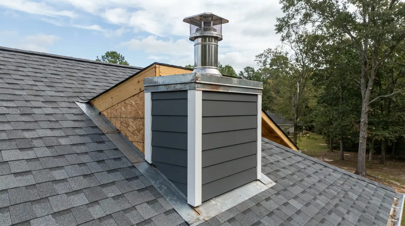 Framed chimney chase with a metal flue