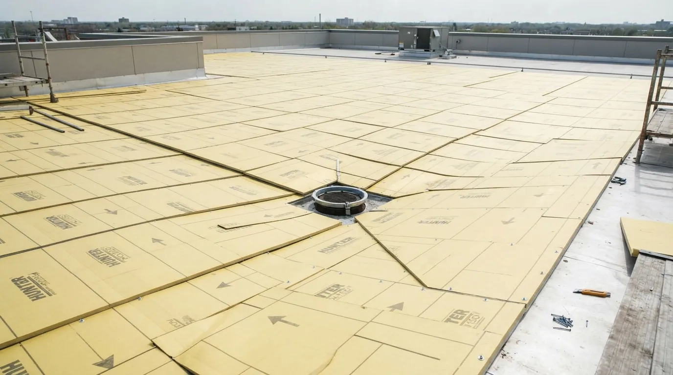 Tapered insulation sloping toward a flat roof drain