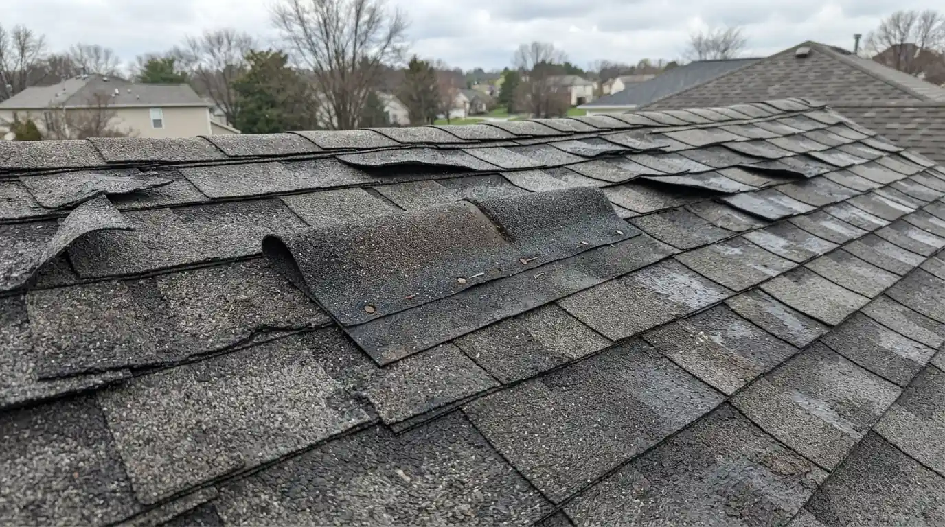 Wind-lifted shingles on a San Jose roof after a storm