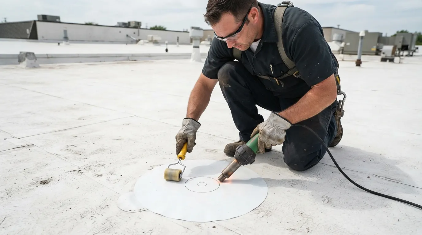 Welding a TPO patch on a San Jose flat roof