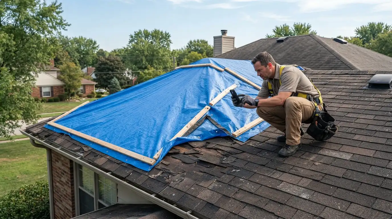 Tarp protecting a storm-damaged roof