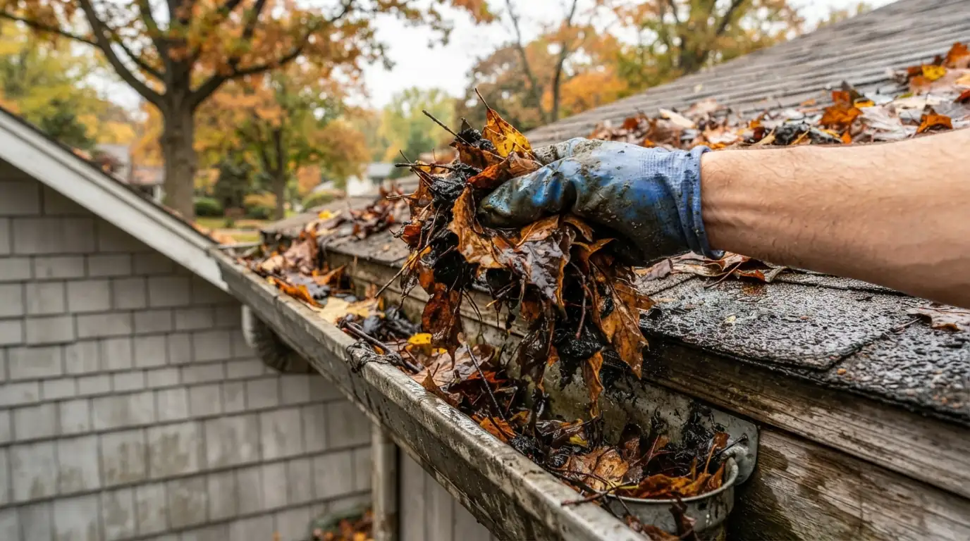 Cleaning leaves out of a gutter before the rains