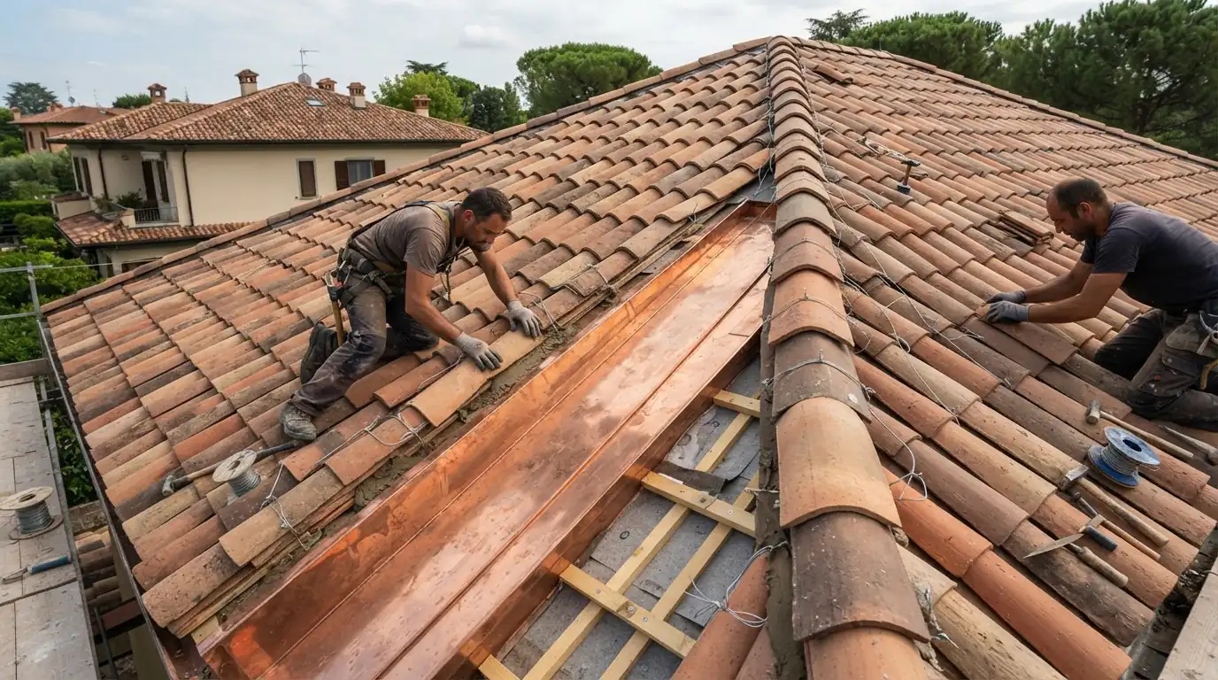 Clay barrel tile being laid on a San Jose roof