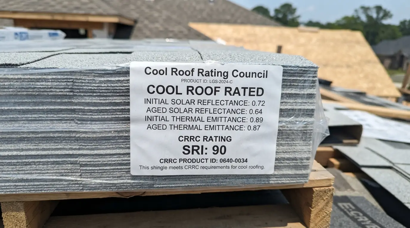 Cool Roof Rating Council label on a shingle bundle