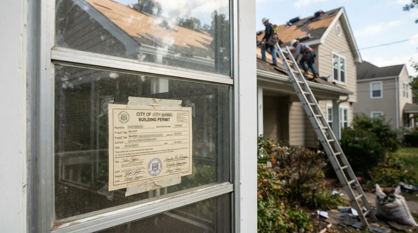 Reroof permit posted during a job