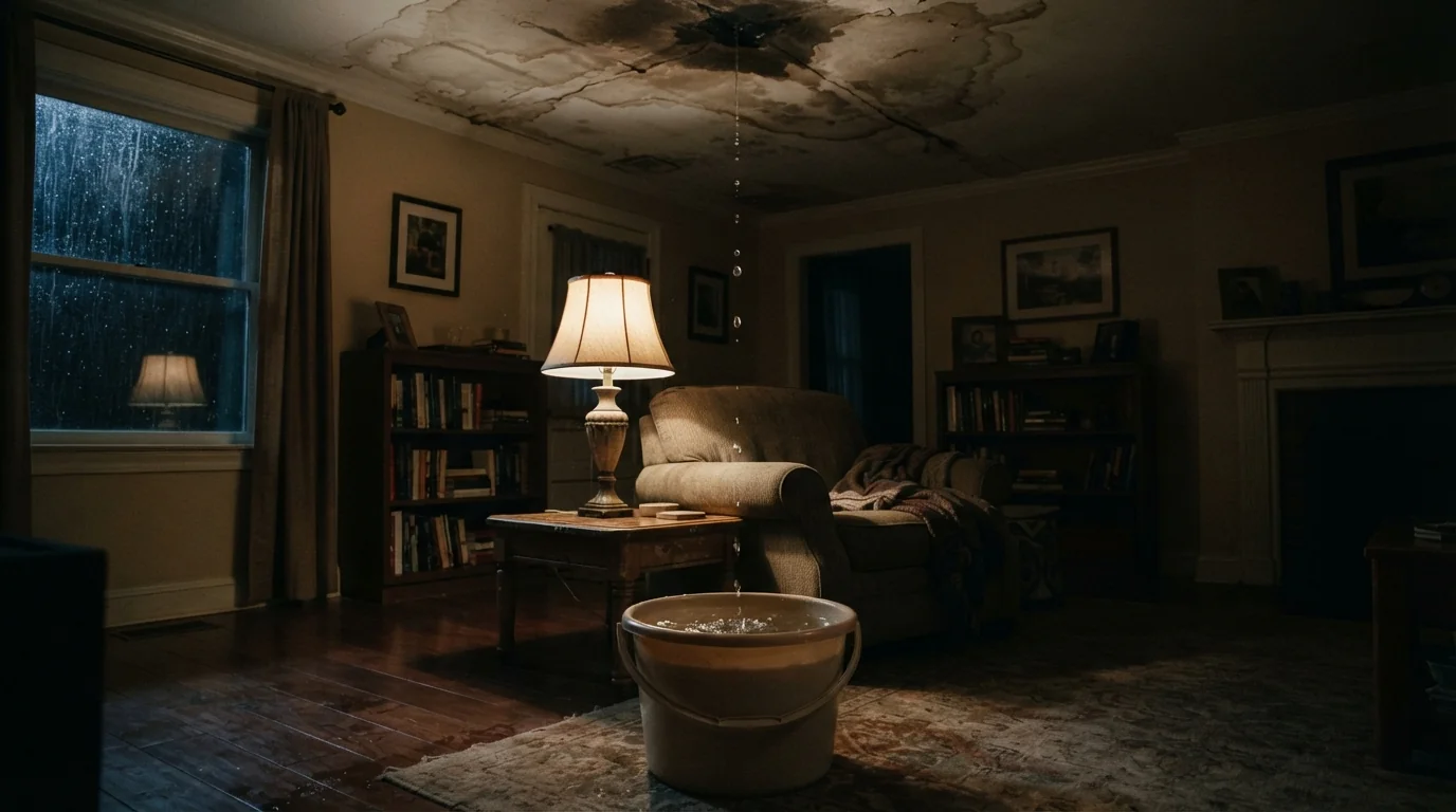 Ceiling leak caught in a bucket during a San Jose storm