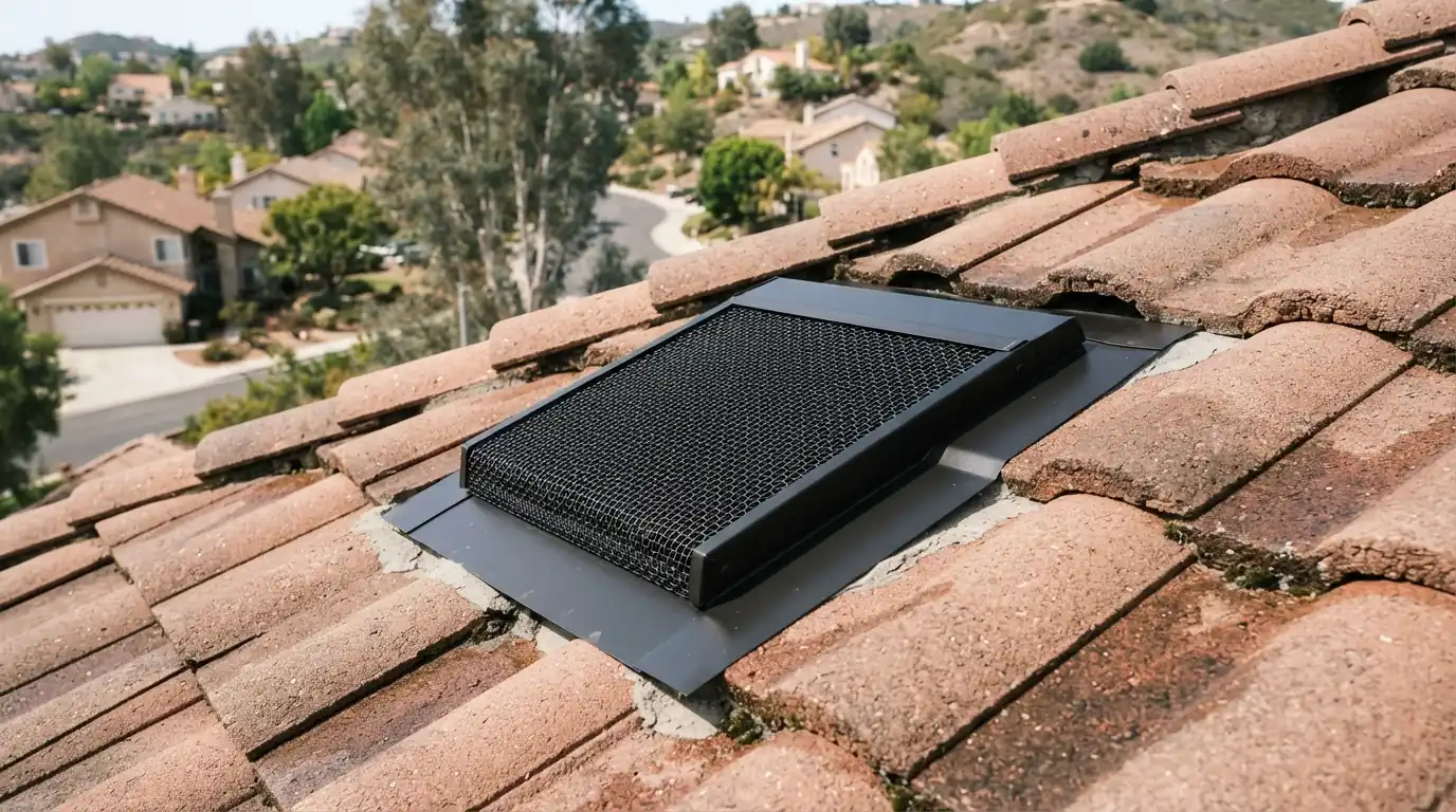 Ember-resistant vent on a hillside San Jose roof