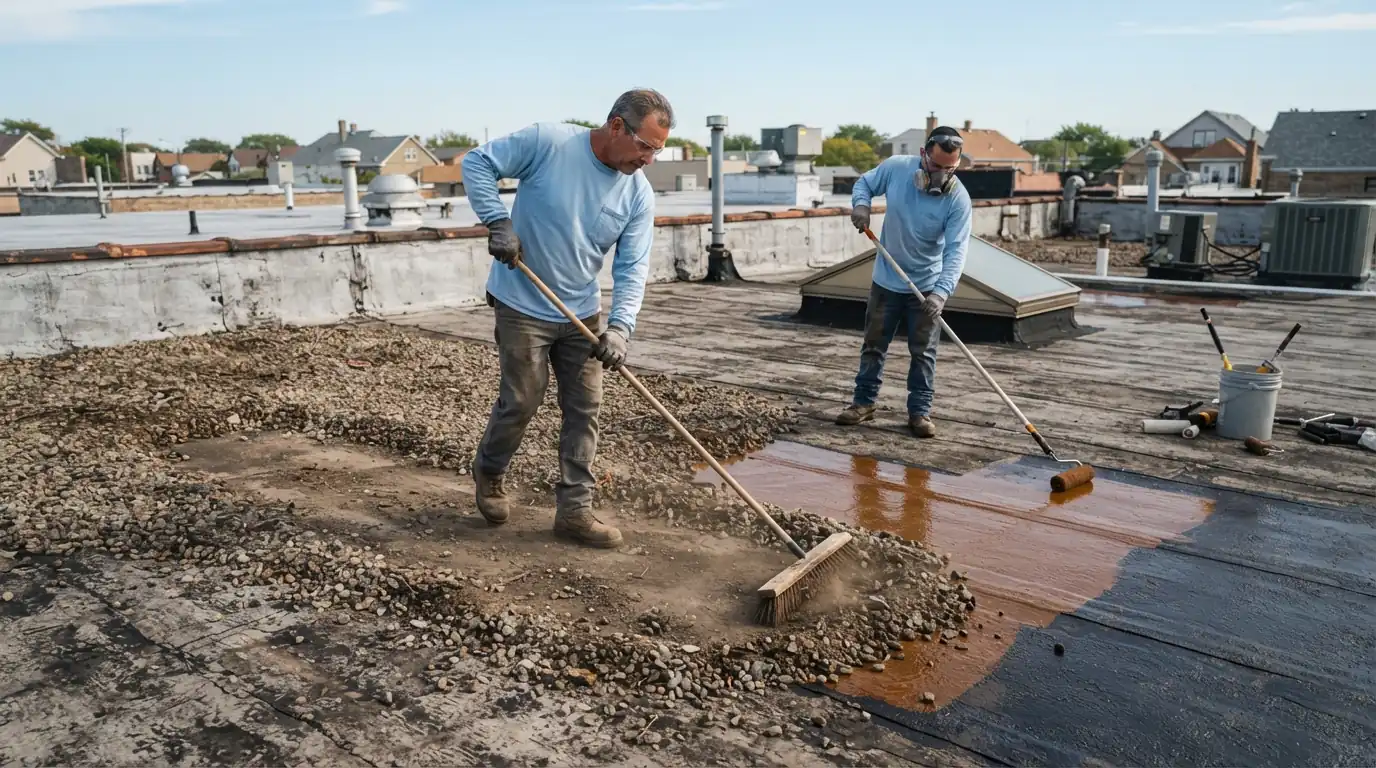 Preparing a built-up roof for spray foam