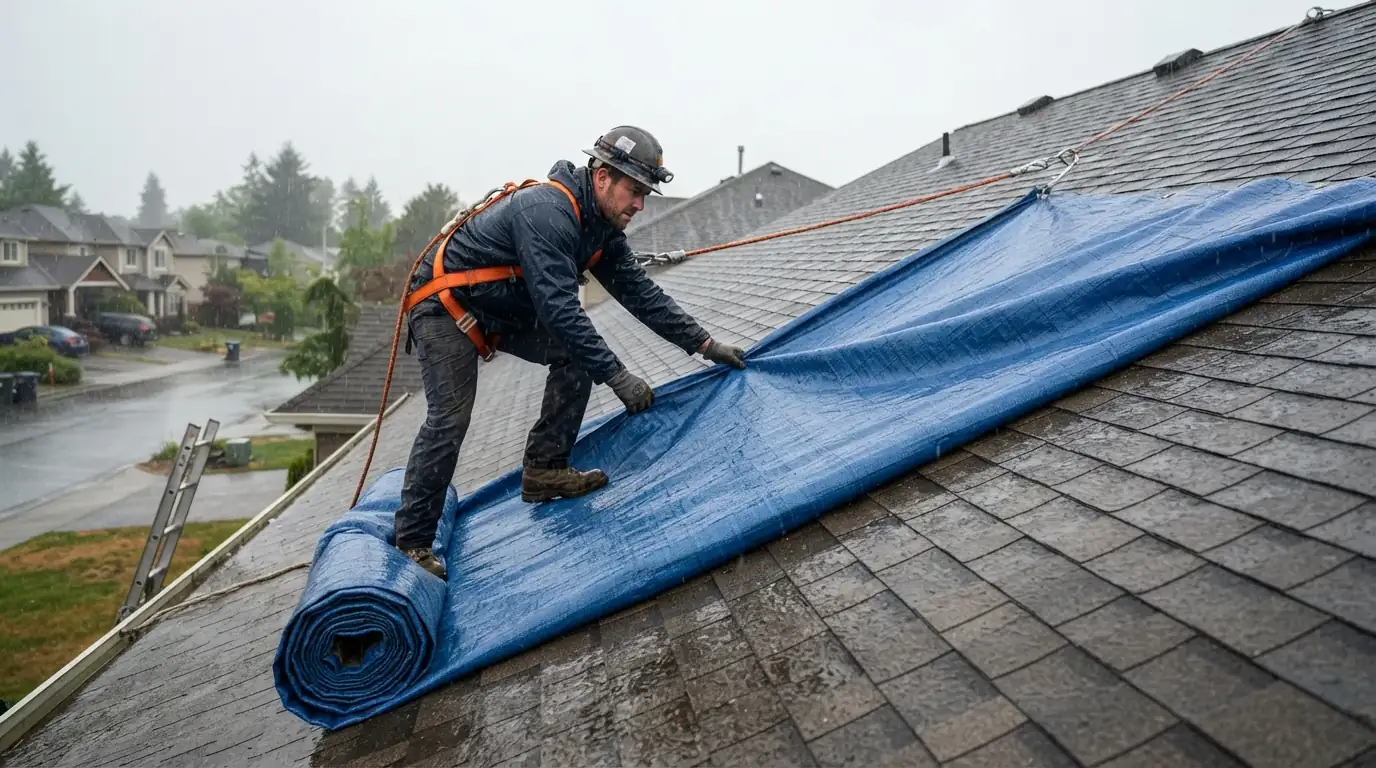 Tarp going on a roof during a San Jose storm