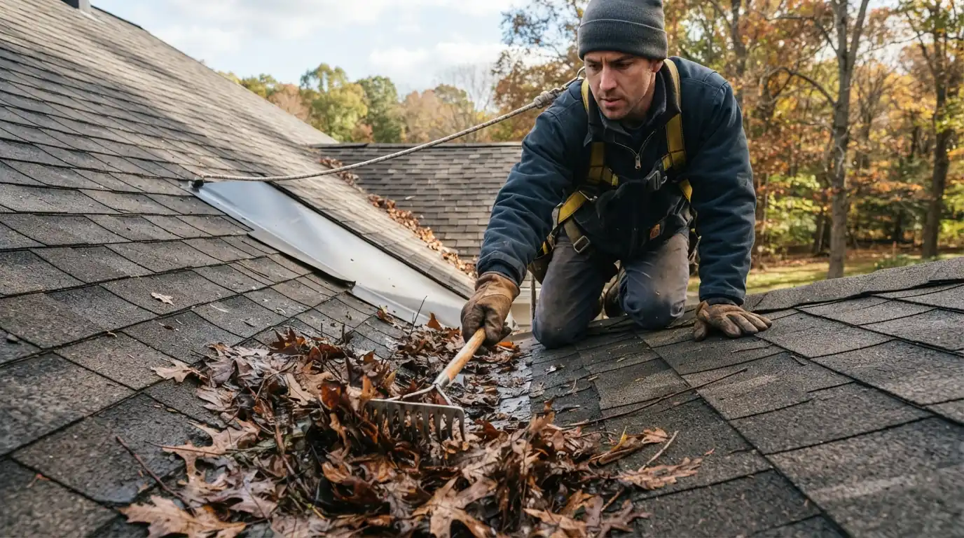 Clearing debris from a San Jose roof valley