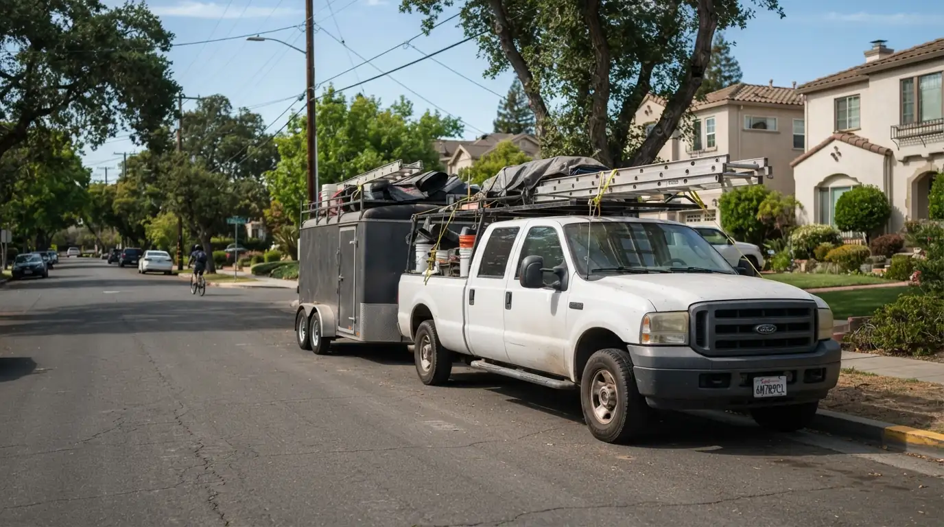 Roofing truck and ladders on a San Jose street