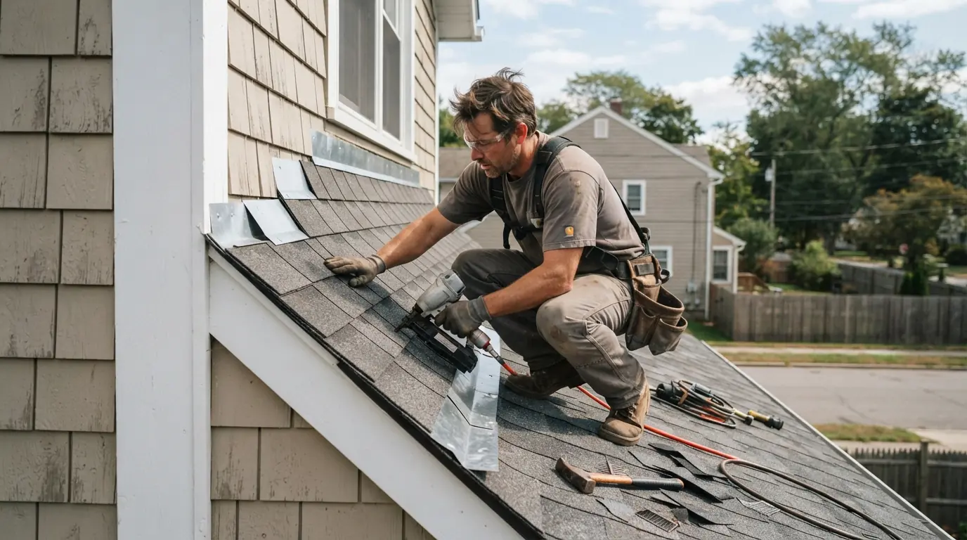 Step flashing where a roof meets a wall