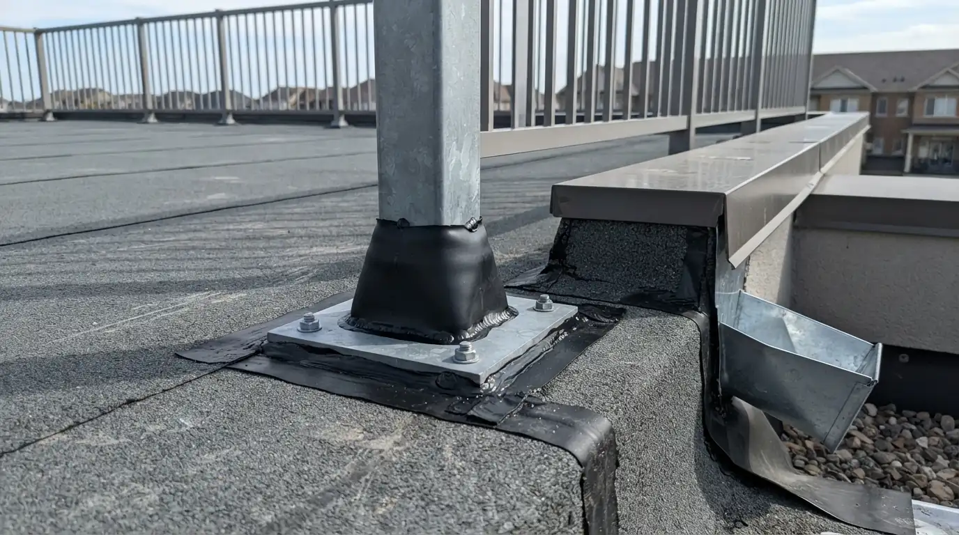 Railing post and scupper flashing on a roof deck