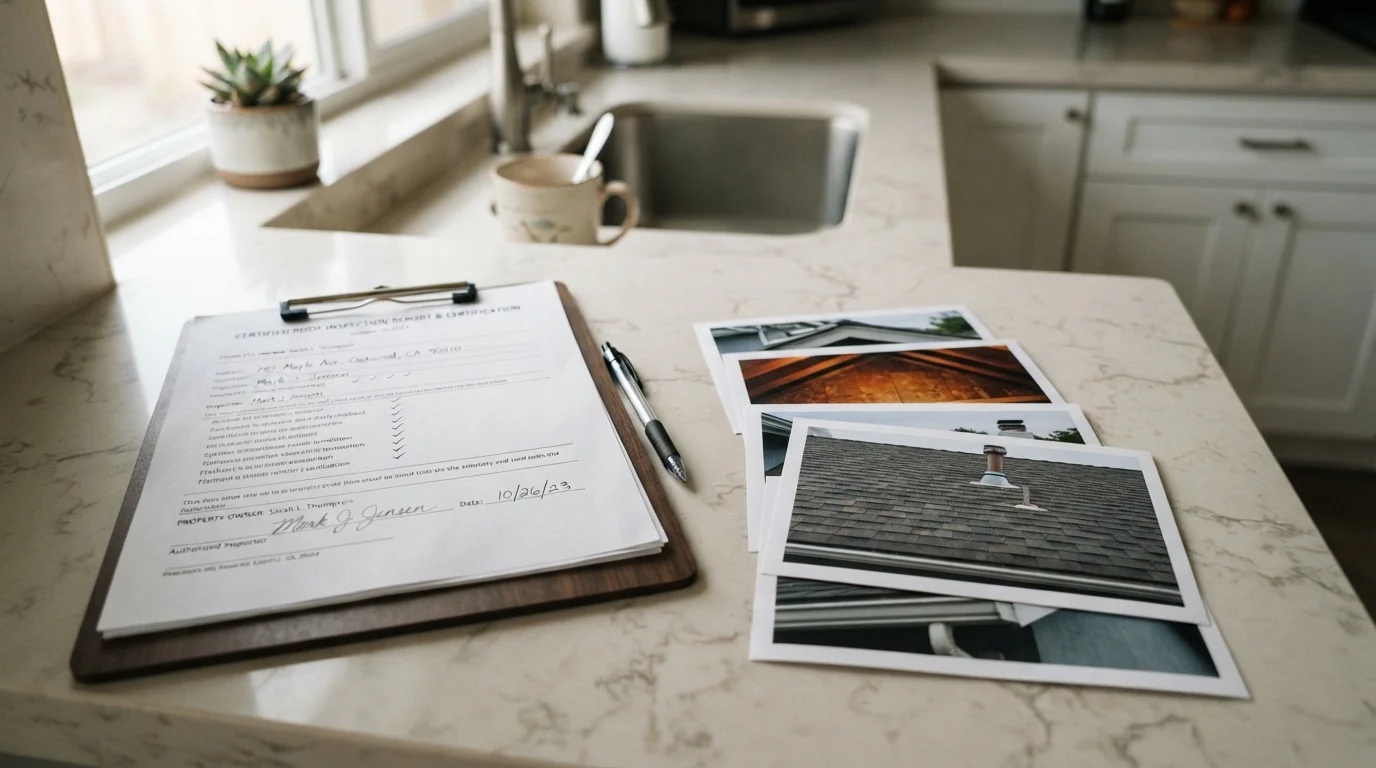 Roof certification document with inspection photos