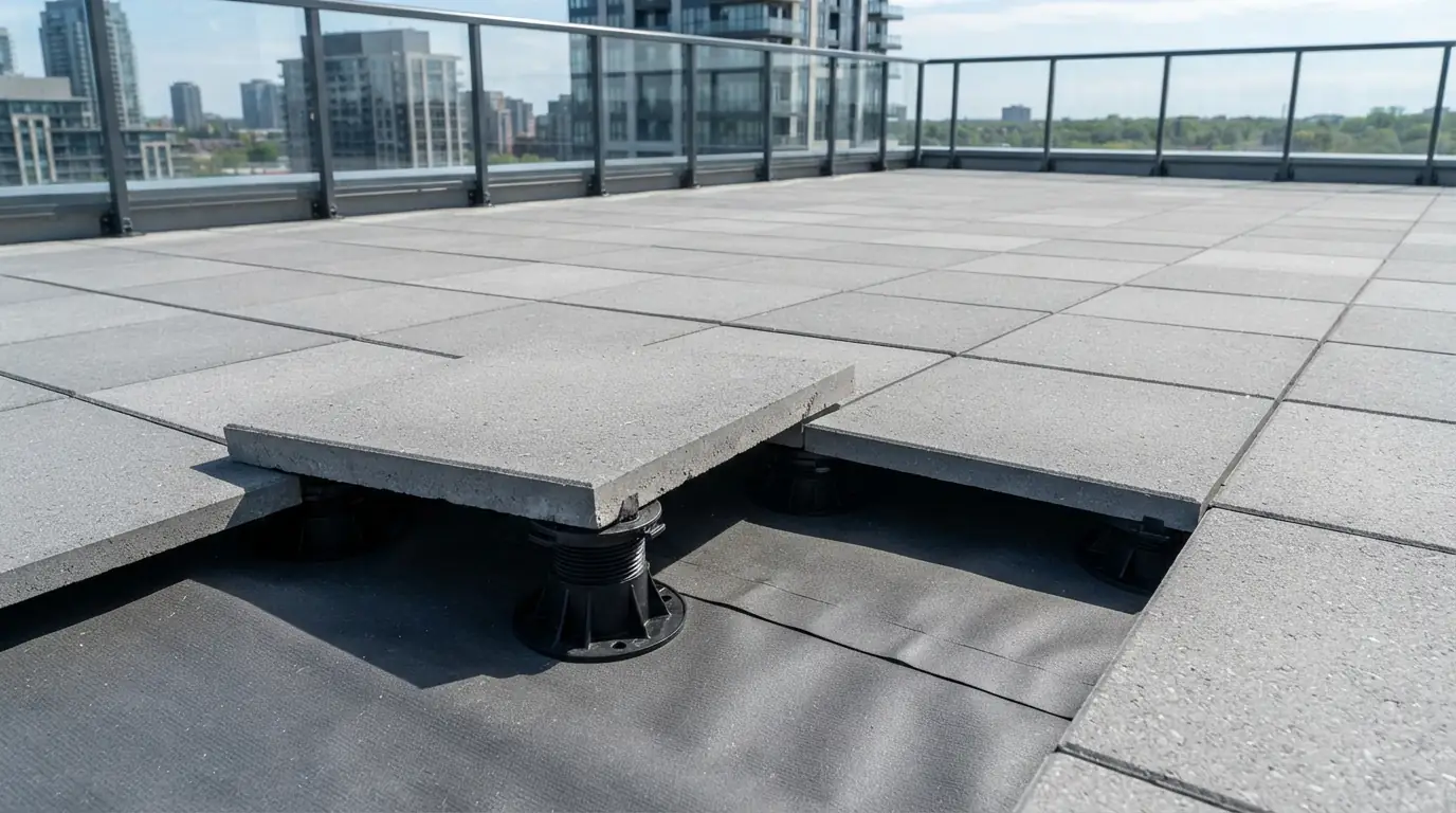 Pavers on pedestals over a roof deck membrane