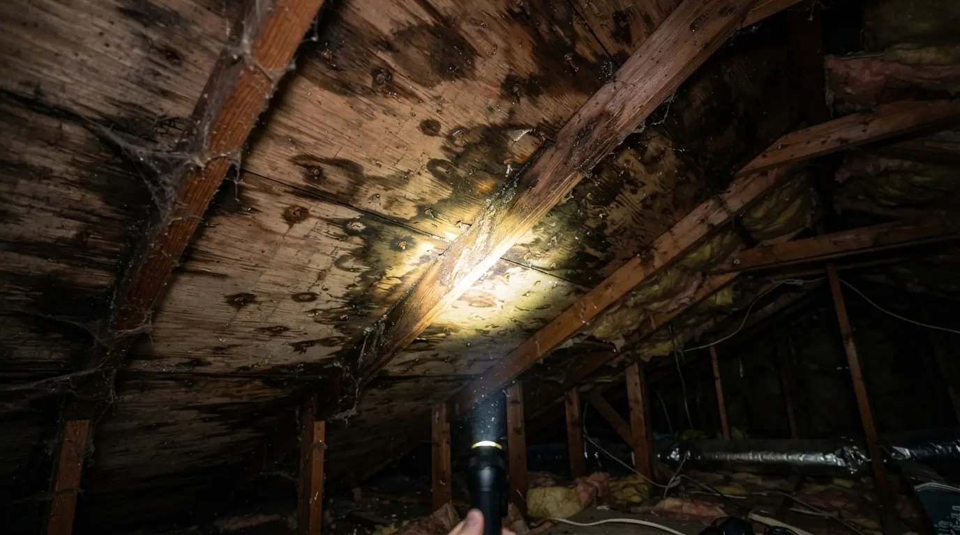 Widespread staining on a roof deck in an attic