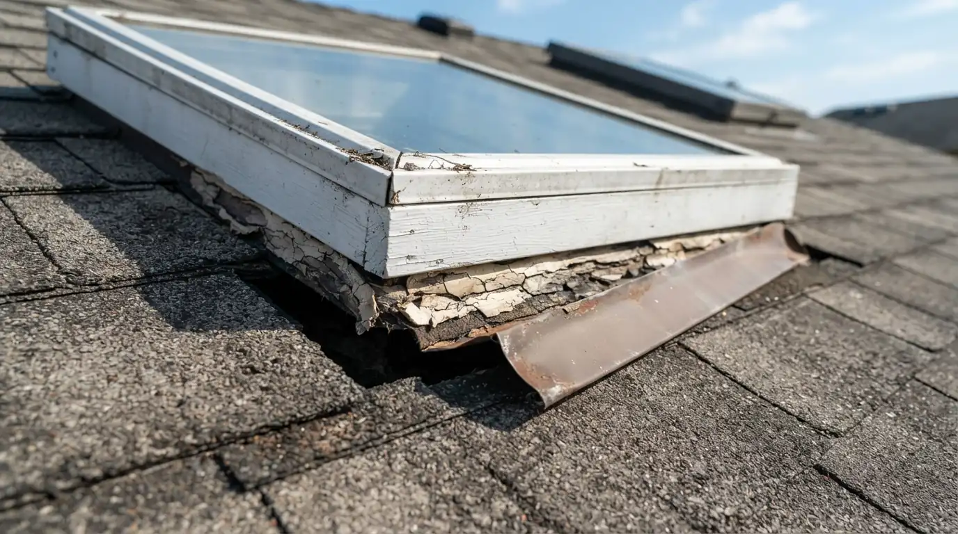 Failed skylight flashing on a San Jose roof