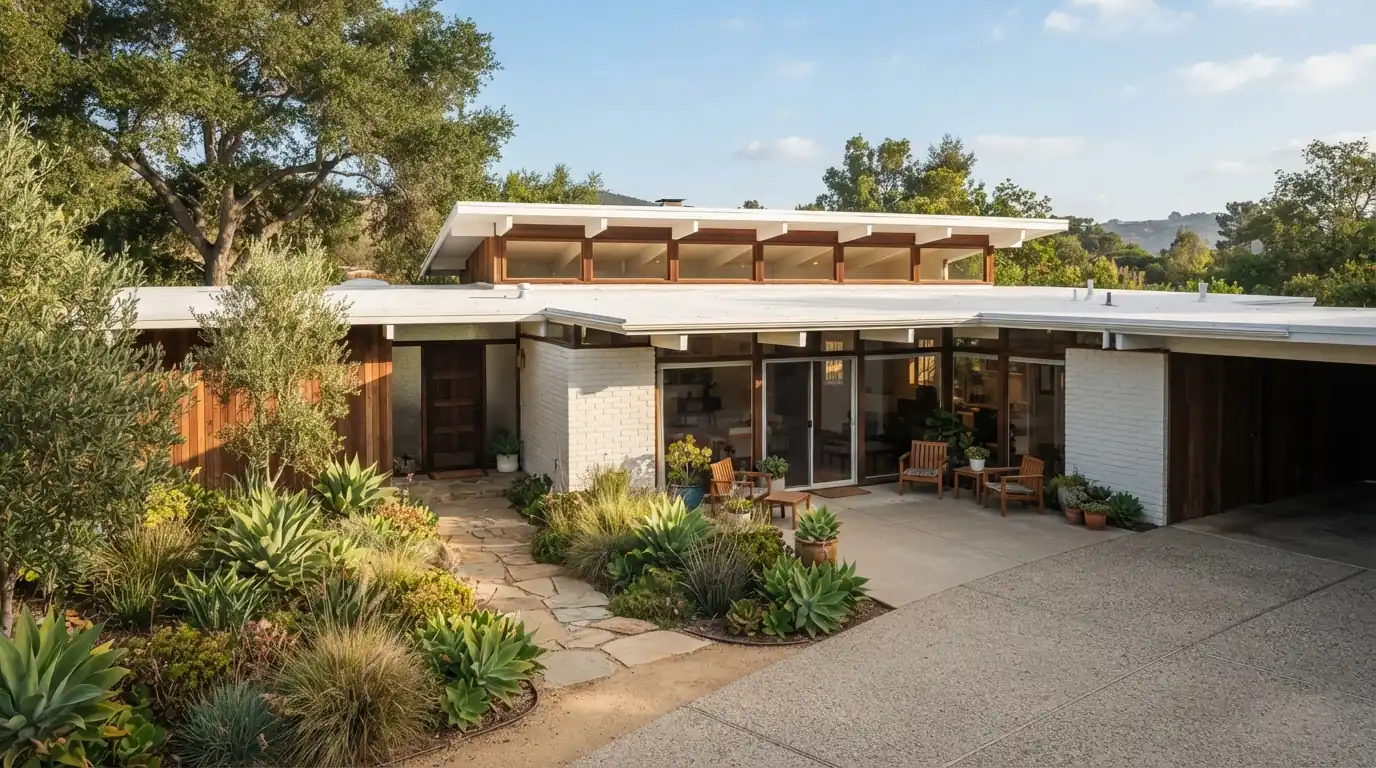Mid-century home with a low-slope foam roof