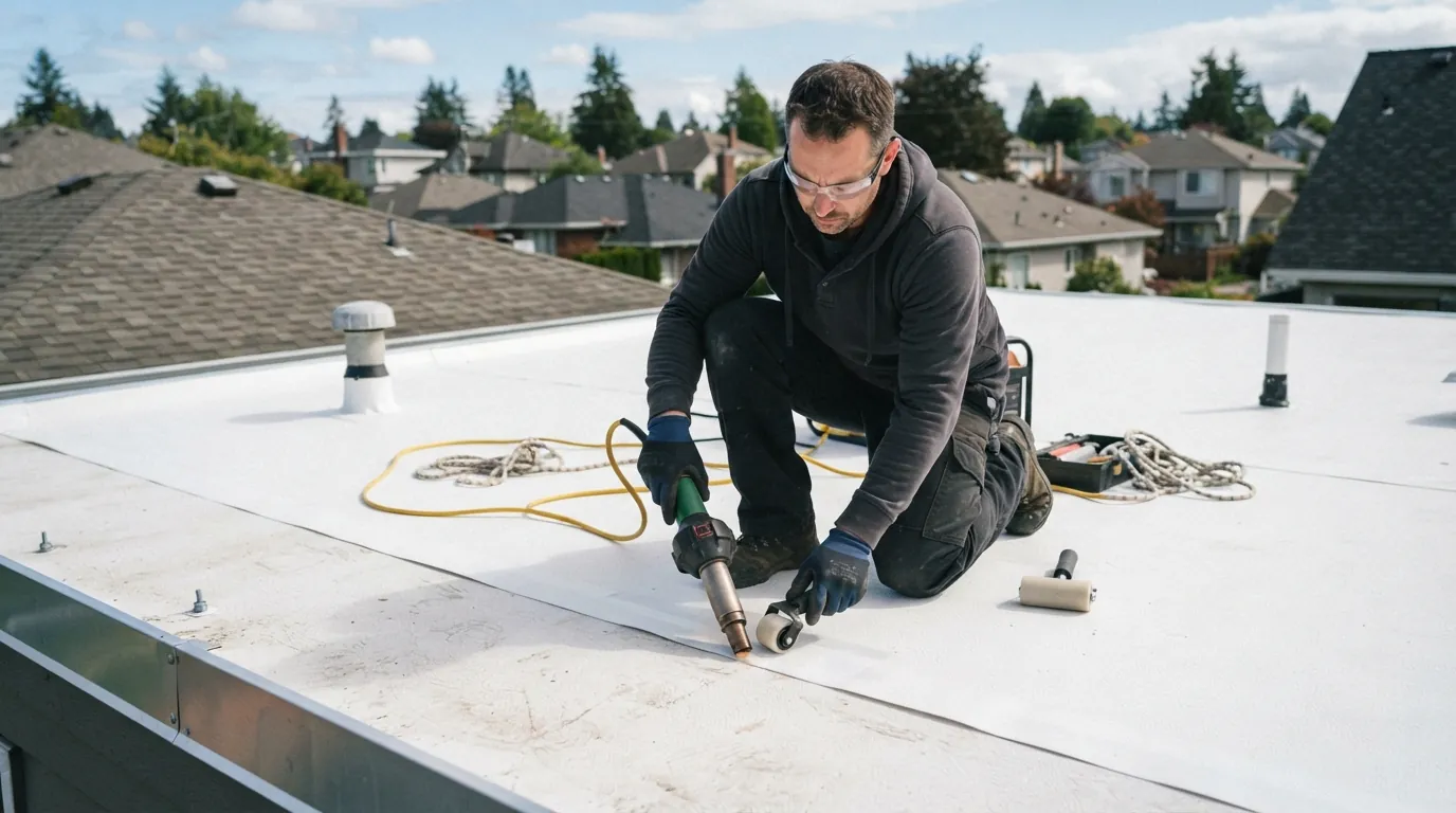 Welding a TPO seam on a San Jose flat roof