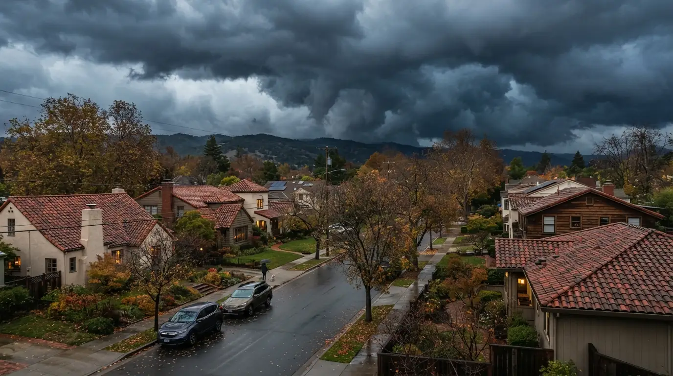 Storm clouds over San Jose roofs in autumn
