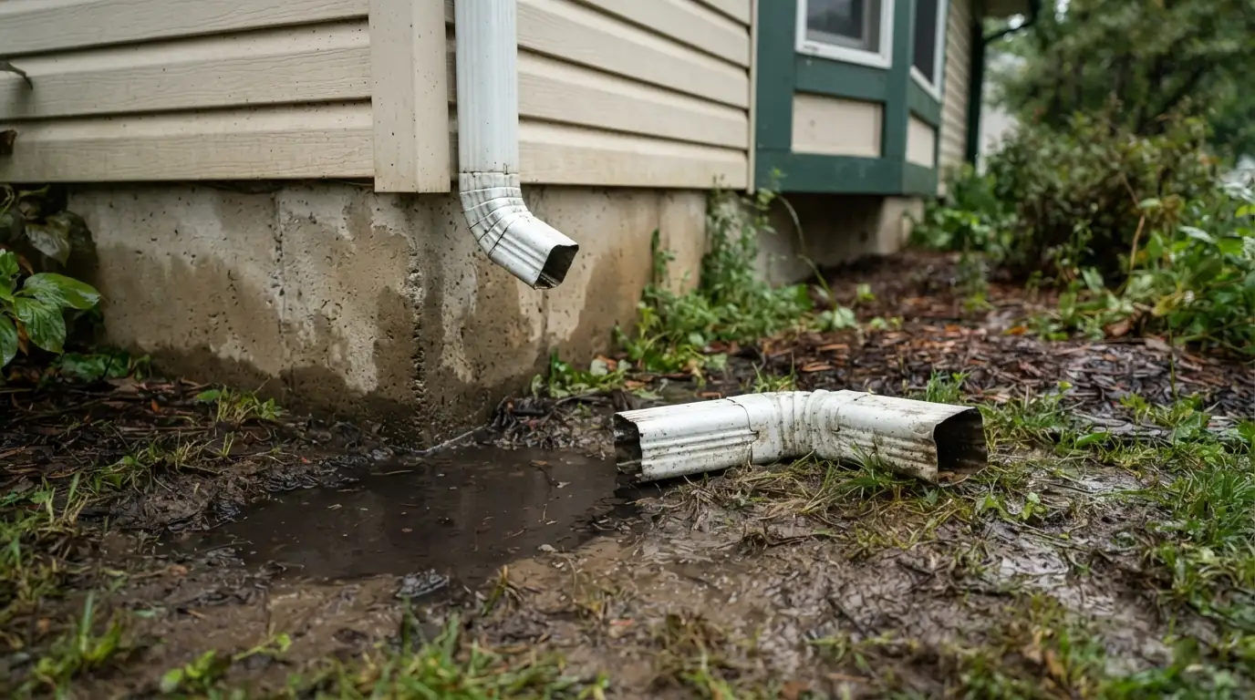 Disconnected downspout at a San Jose foundation