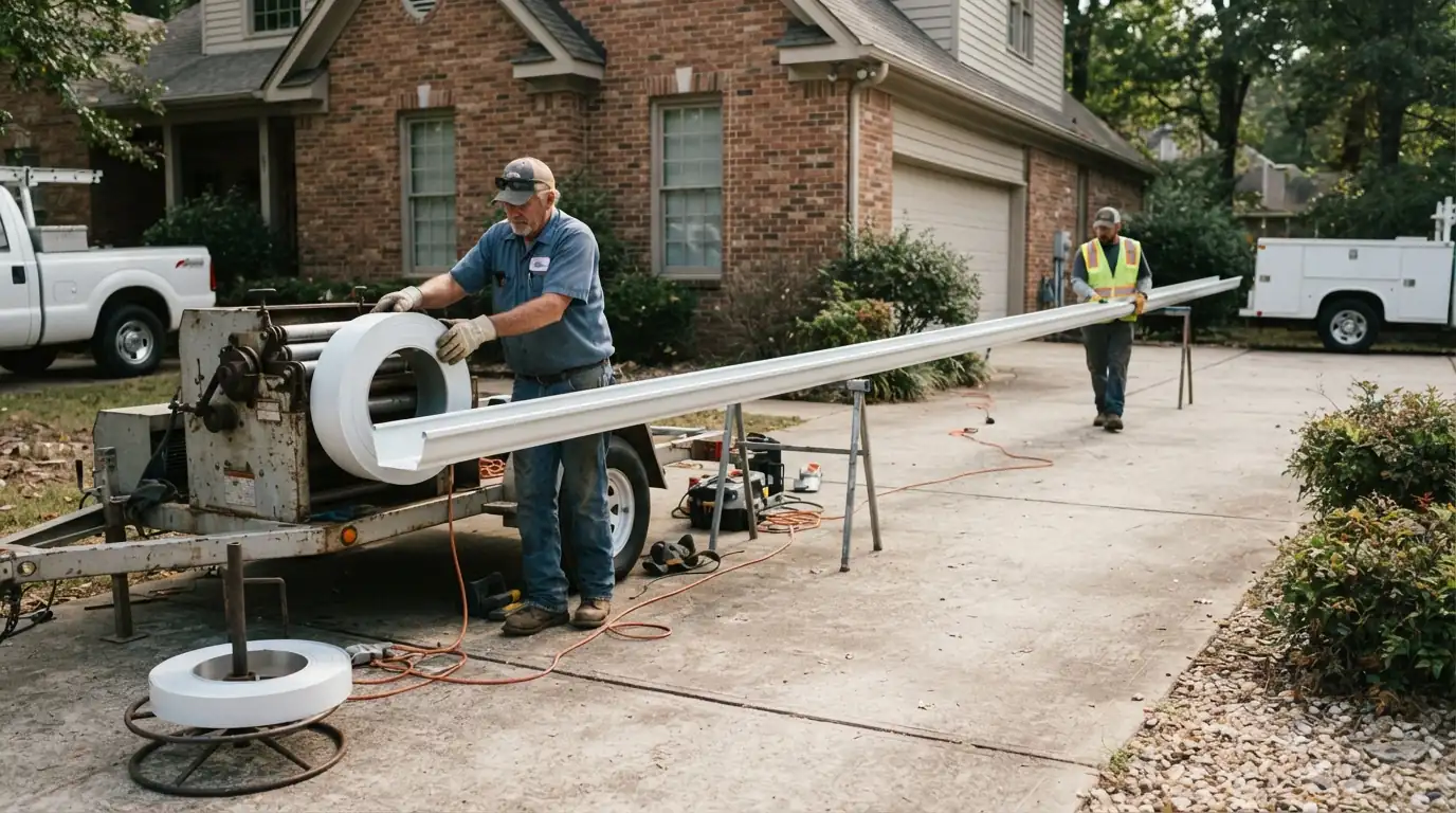 Forming seamless aluminum gutters in a San Jose driveway