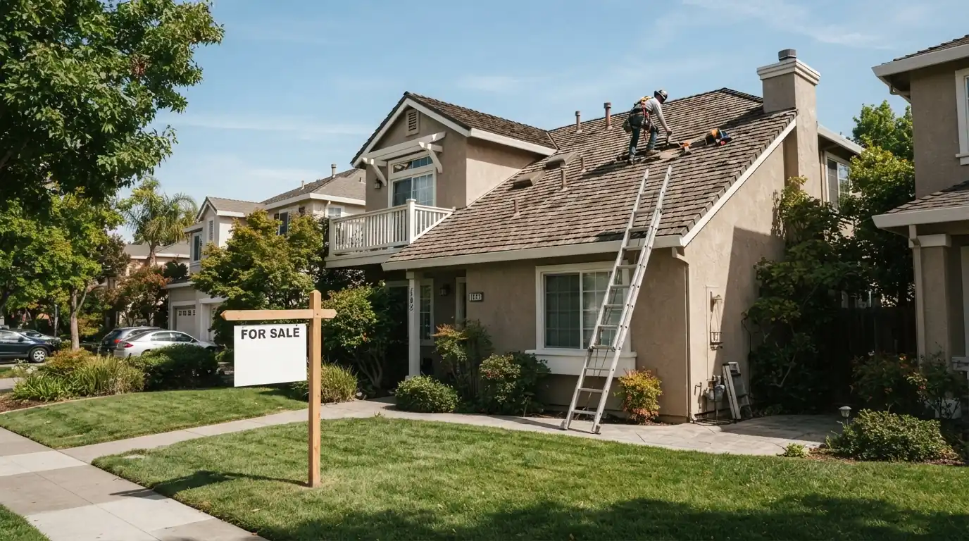 Roof being inspected before a San Jose home sale