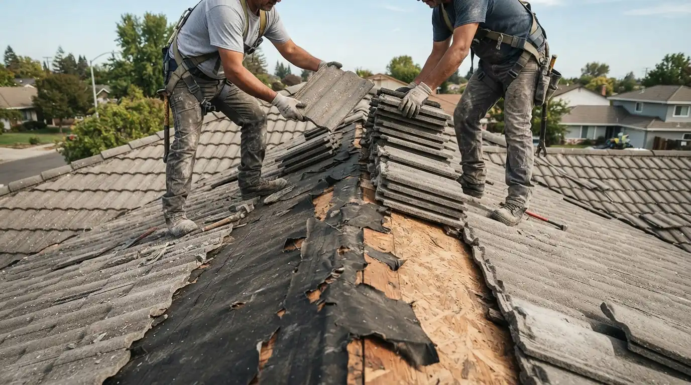 Tile lift-and-relay exposing failed underlayment