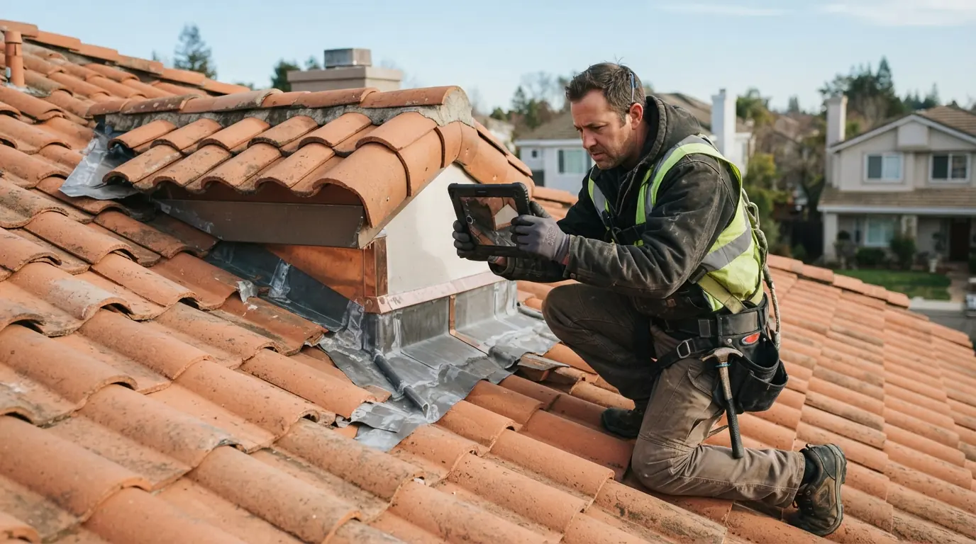 Roofer photographing a flashing detail