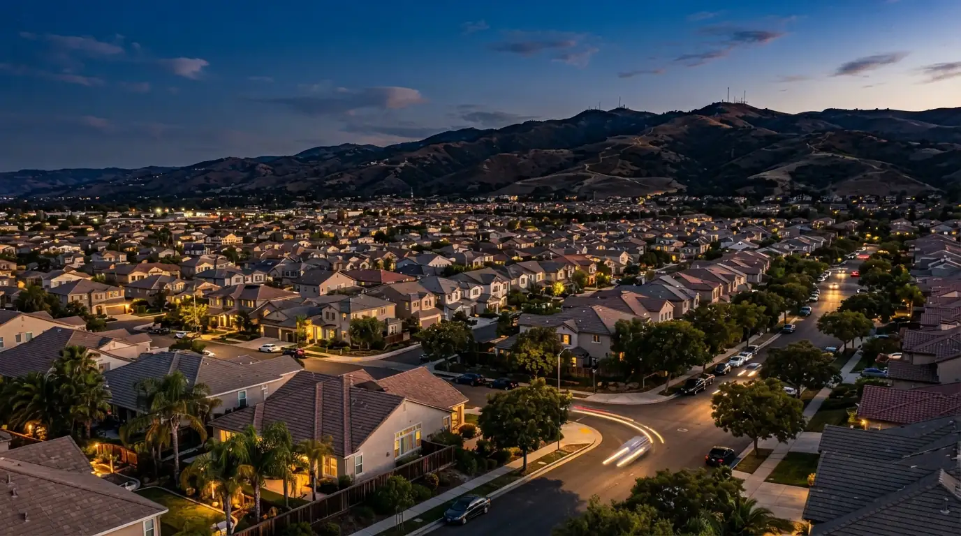 Tile-roofed homes below the San Jose foothills