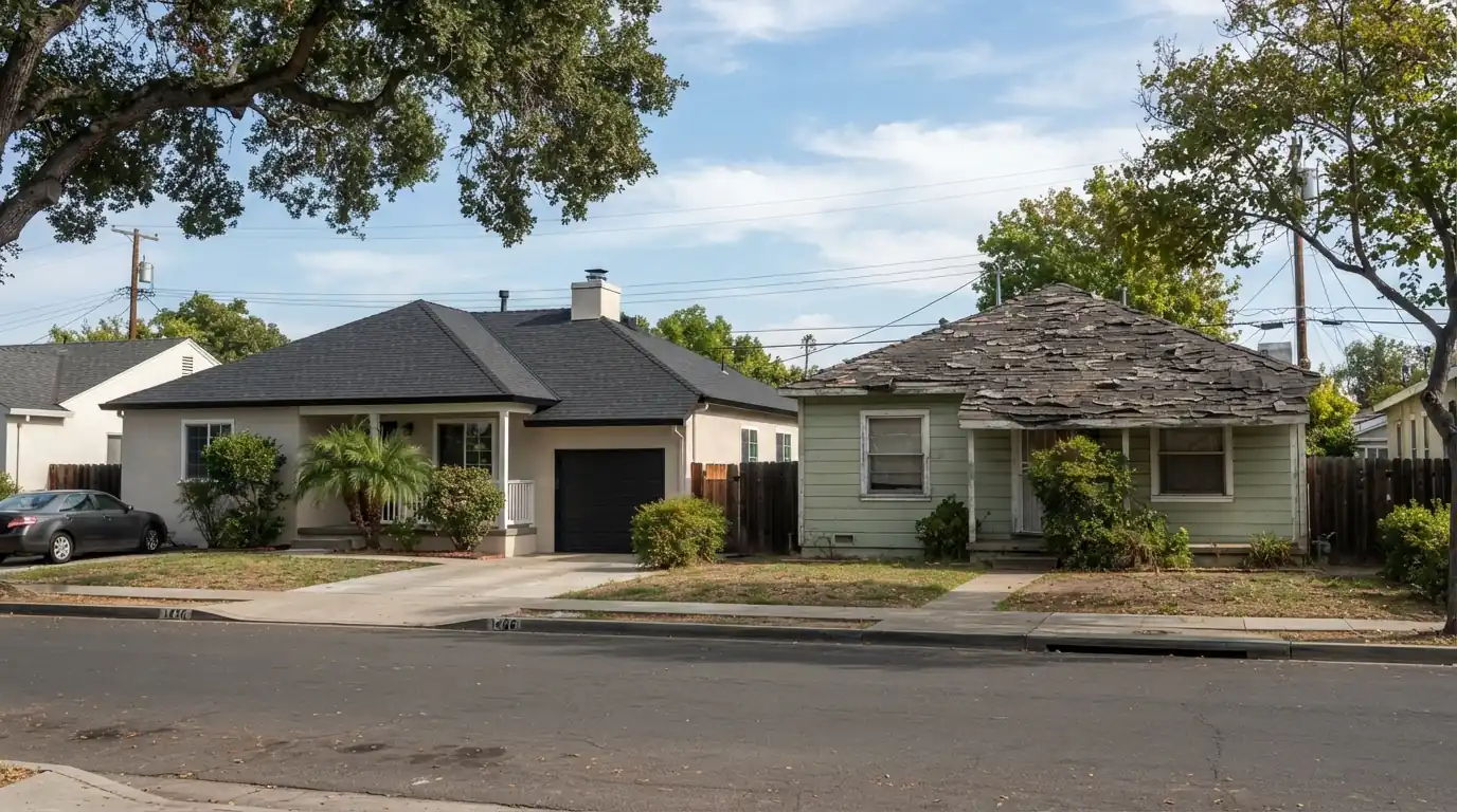 A new roof beside an aging one