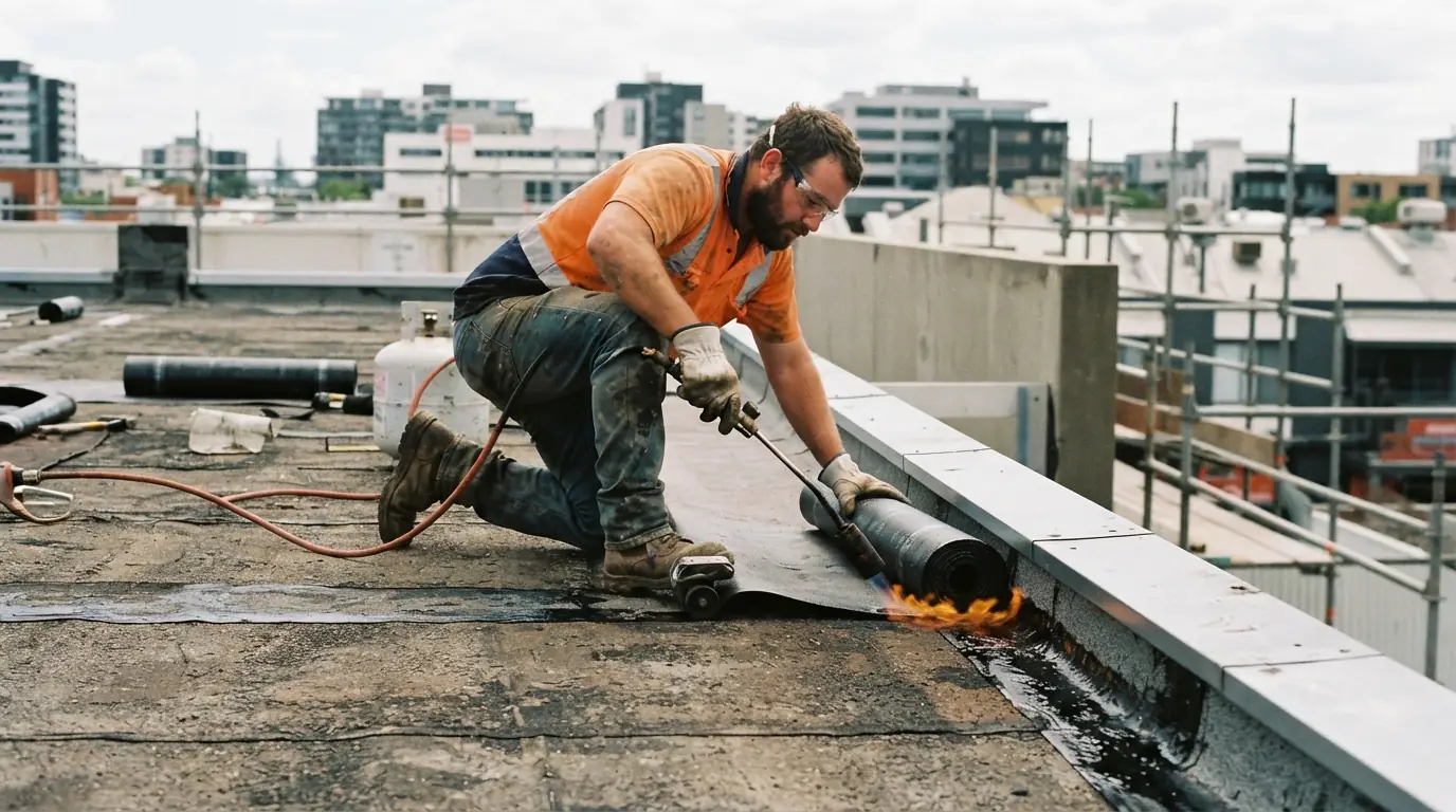 Torch-down cap sheet going on a San Jose flat roof