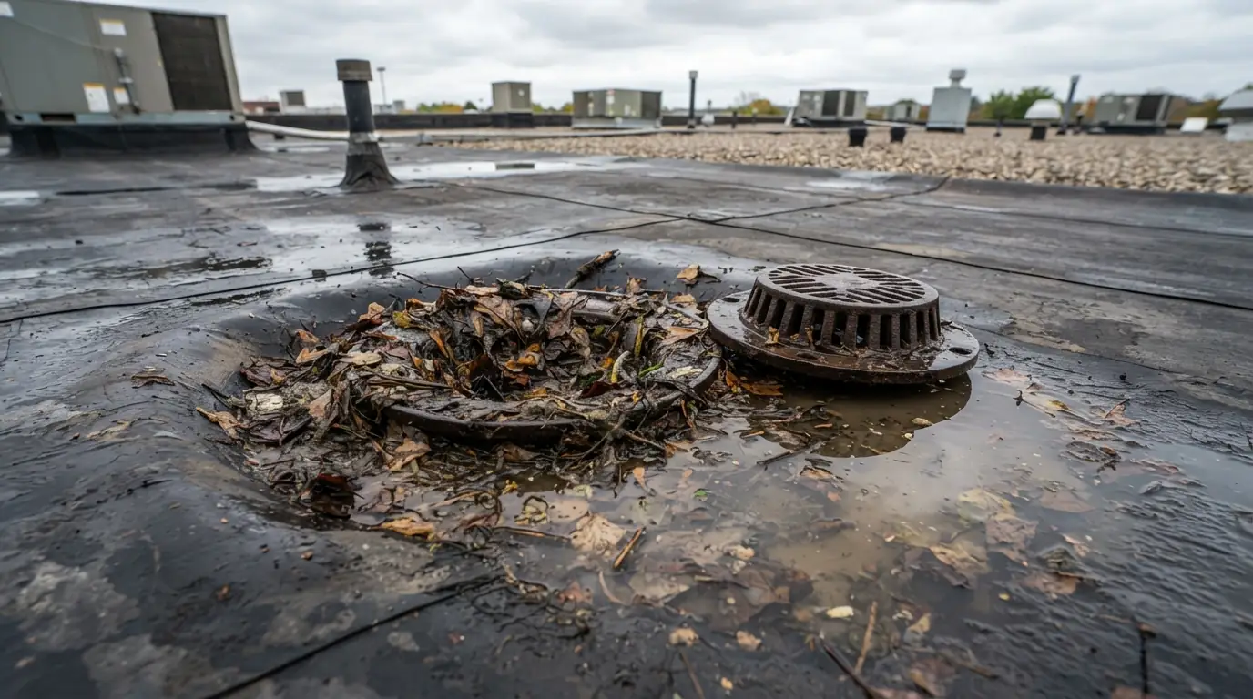 Clogged roof drain on a commercial building