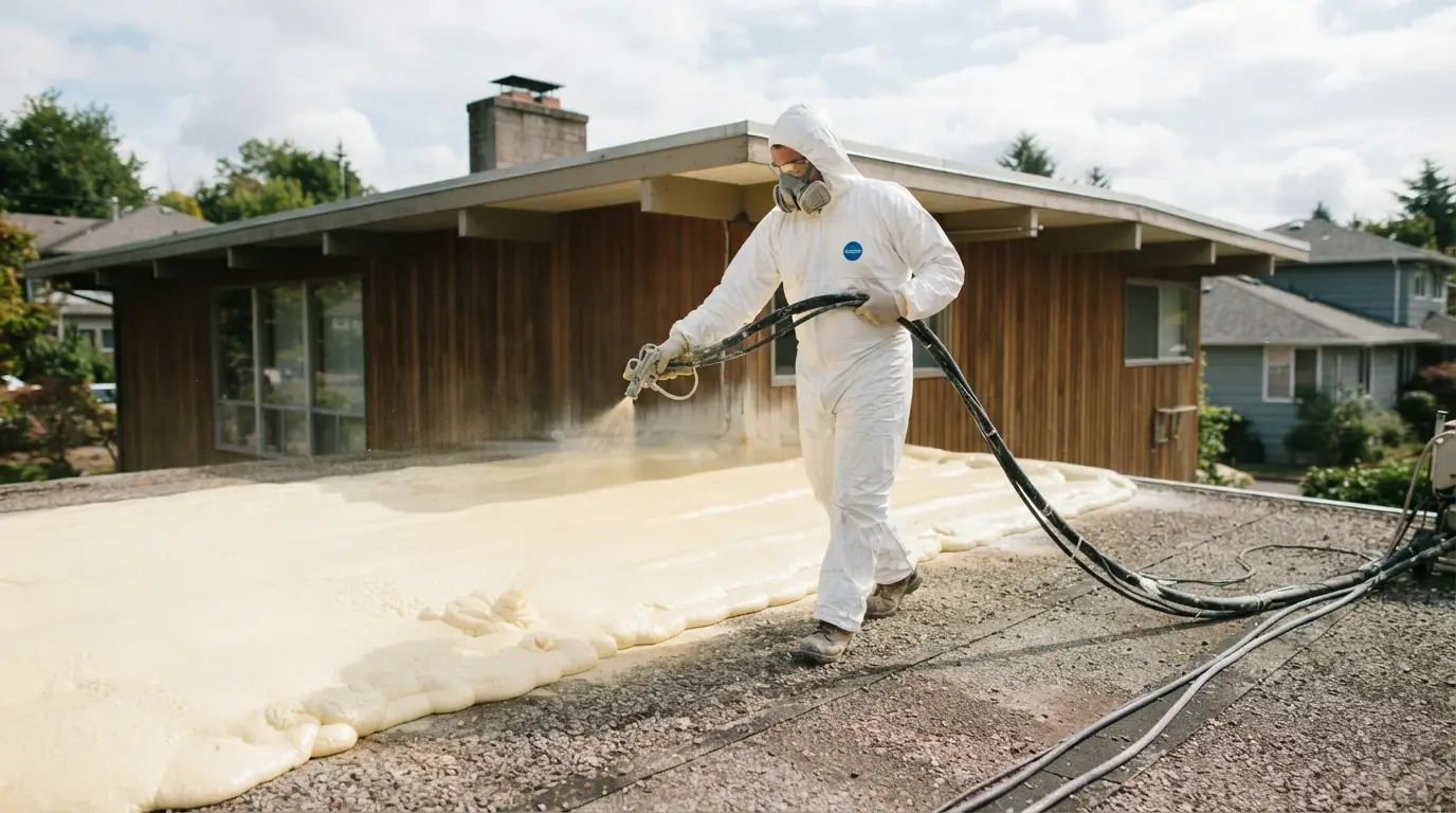 Spraying a new foam roof on a San Jose Eichler