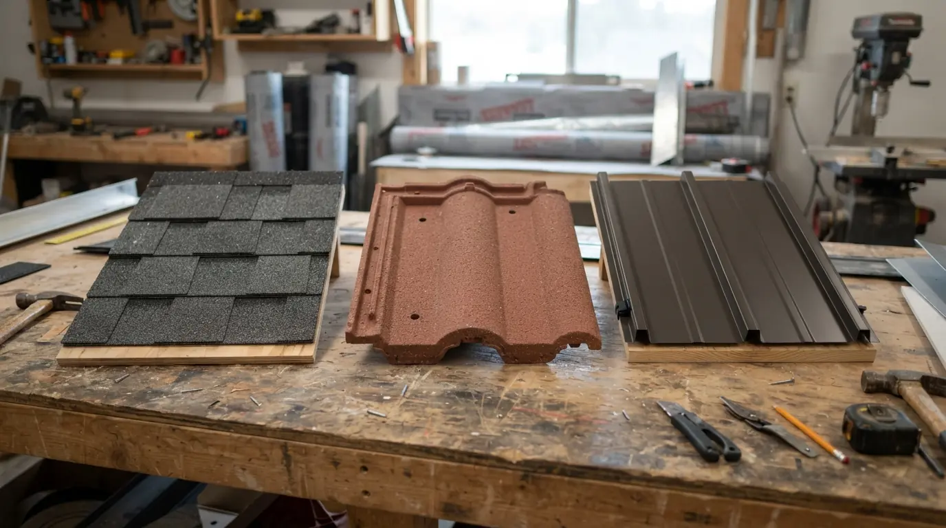 Shingle, tile and metal roofing samples compared