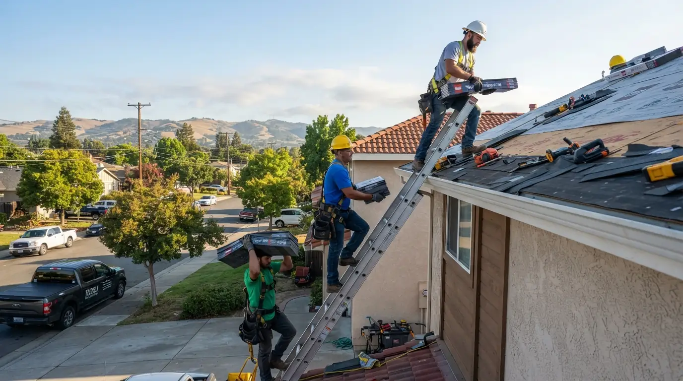 Roofing crew carrying shingles up to a San Jose roof