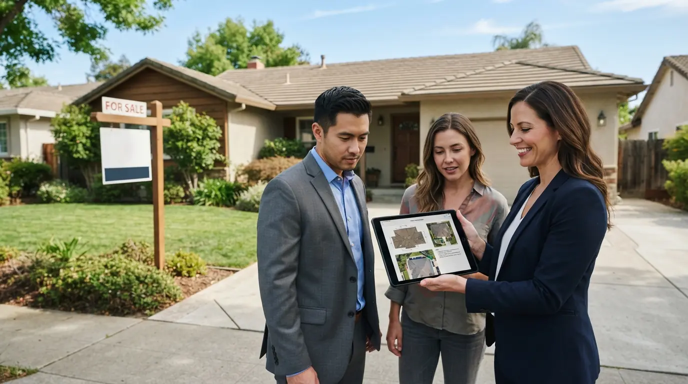 Agents reviewing a roof report before closing