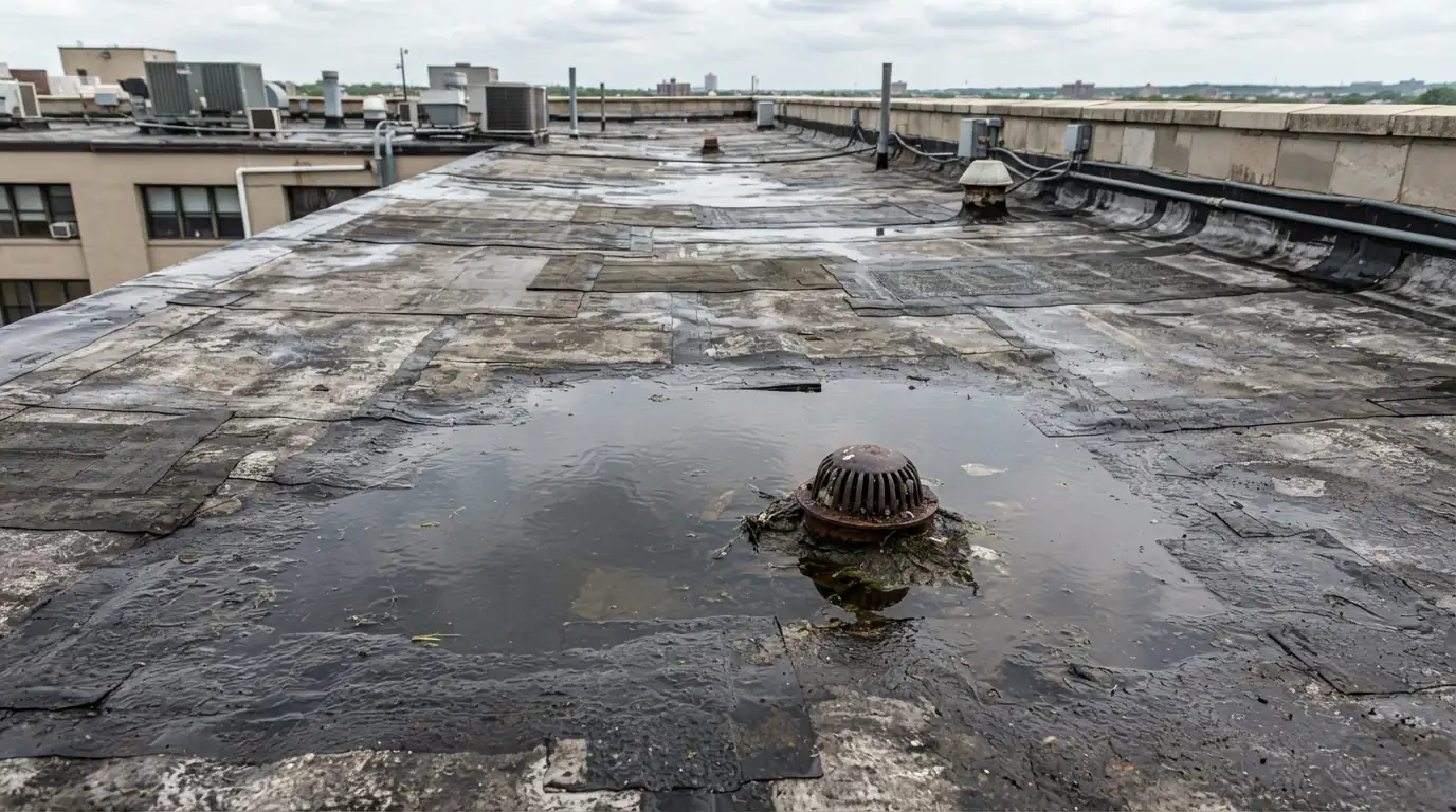 Patched flat roof with standing water