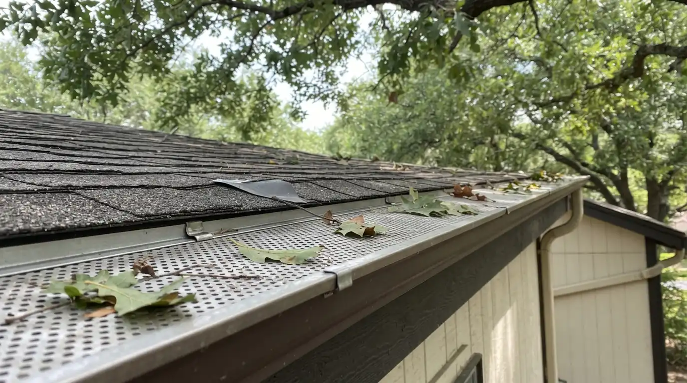 Perforated aluminum gutter guards under oak trees