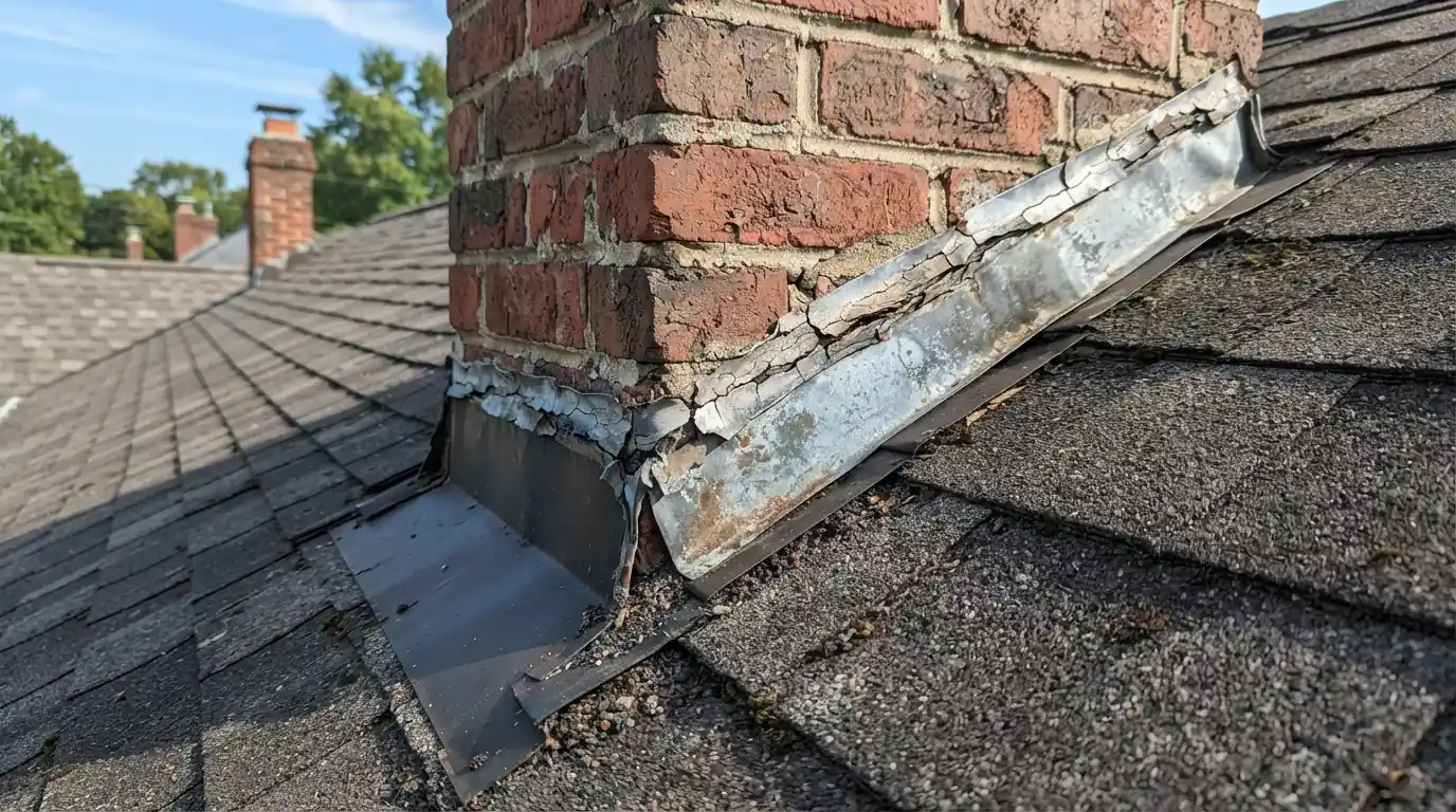 Failed chimney flashing on a San Jose roof