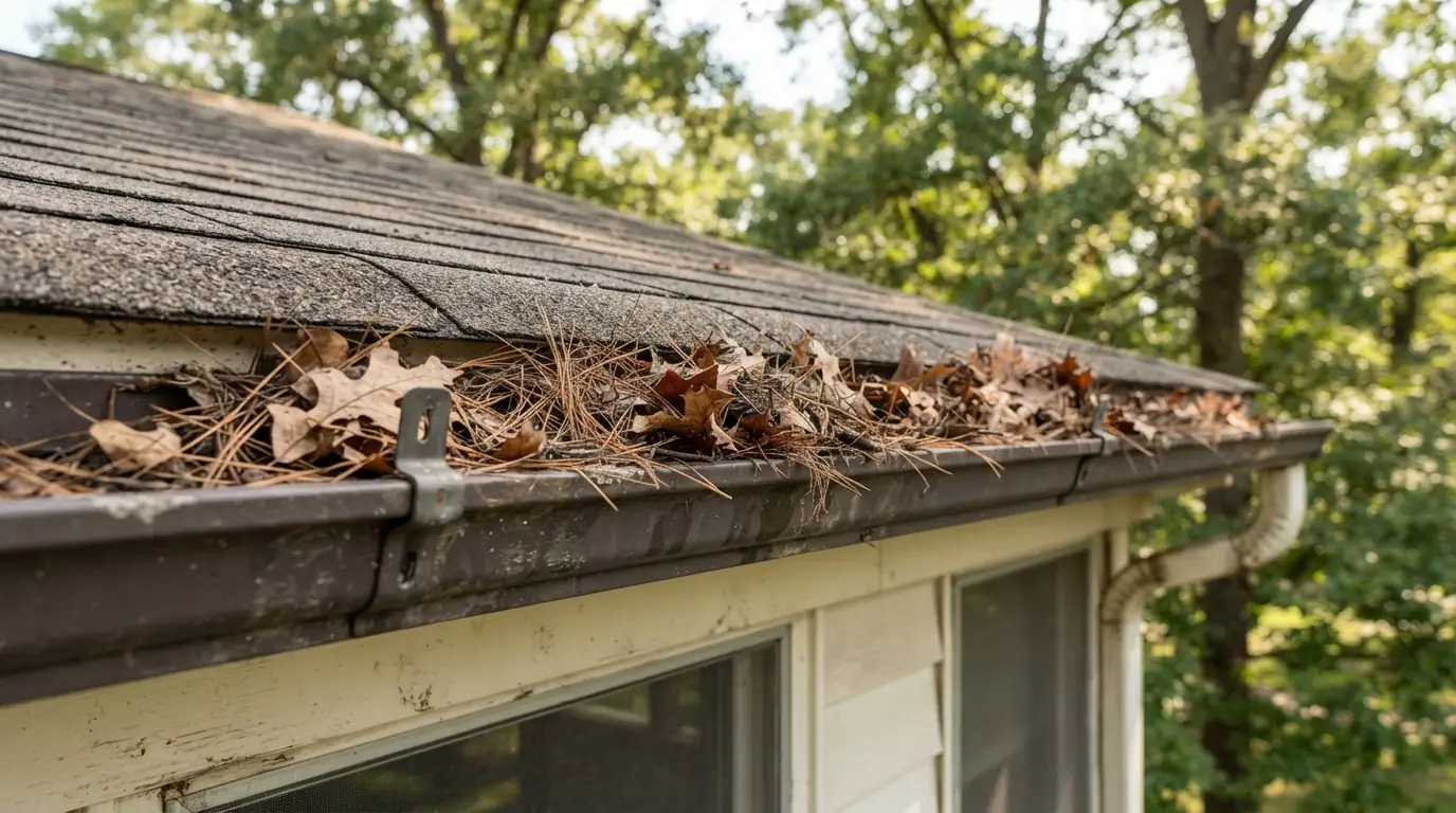 Dry debris in a gutter at the roof edge
