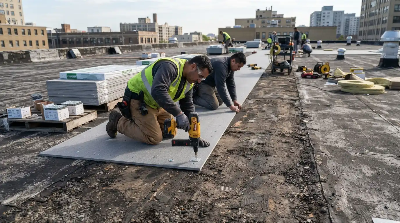 Cover board installed for a roof recover