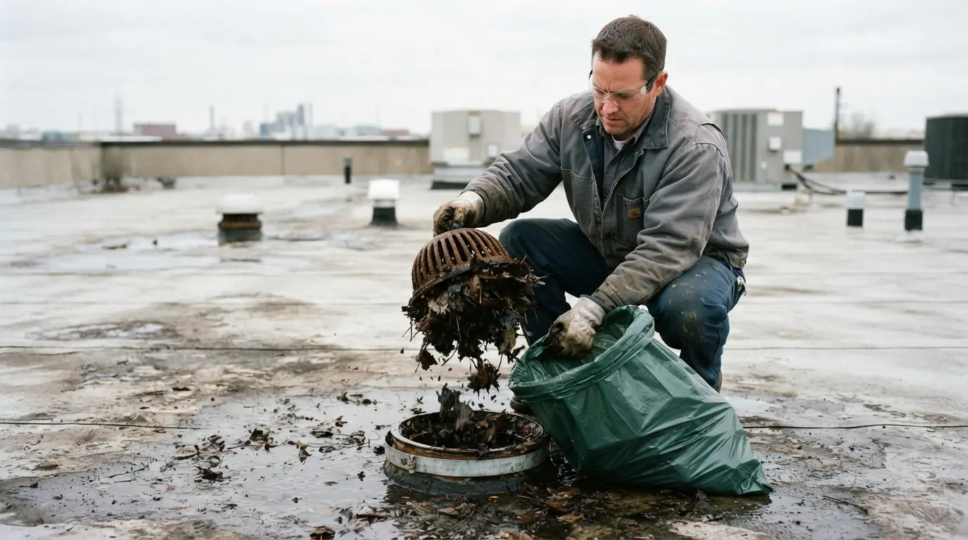 Clearing a commercial roof drain in San Jose