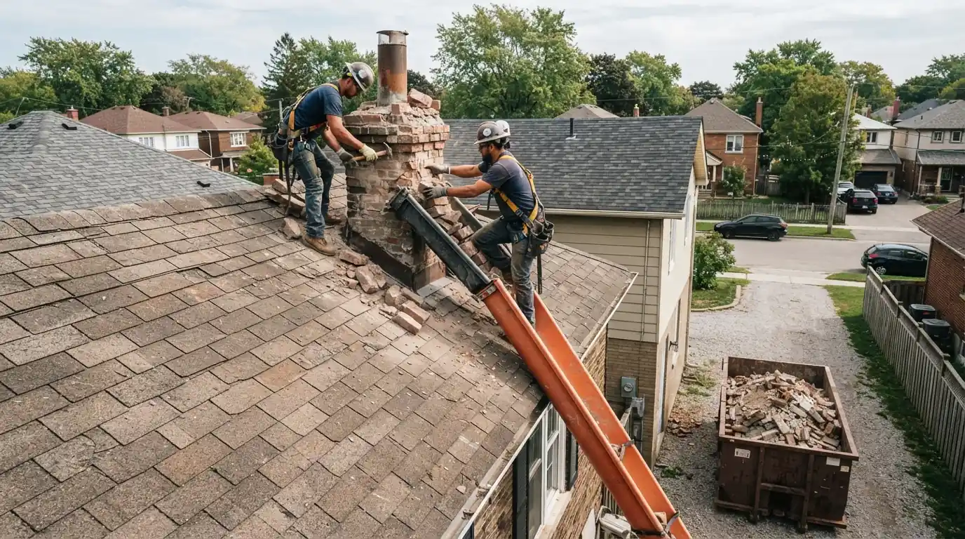 Brick chimney being taken down in San Jose