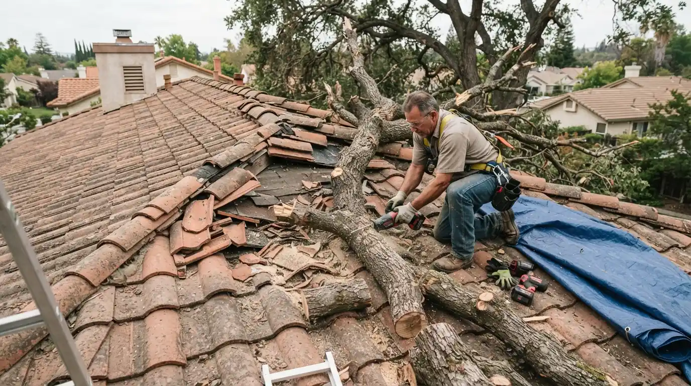 Clearing a fallen limb before tarping a San Jose roof