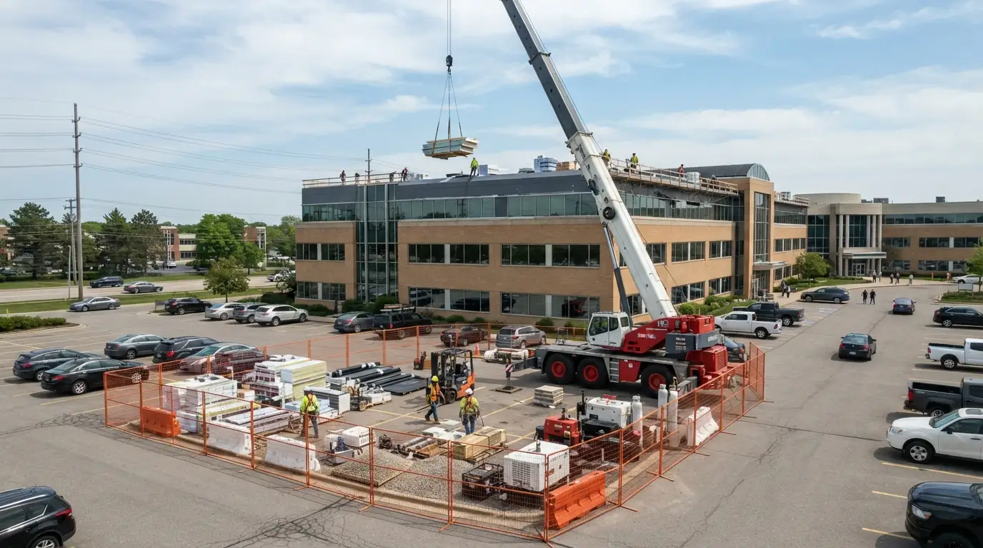 Roof replacement staging at an occupied building
