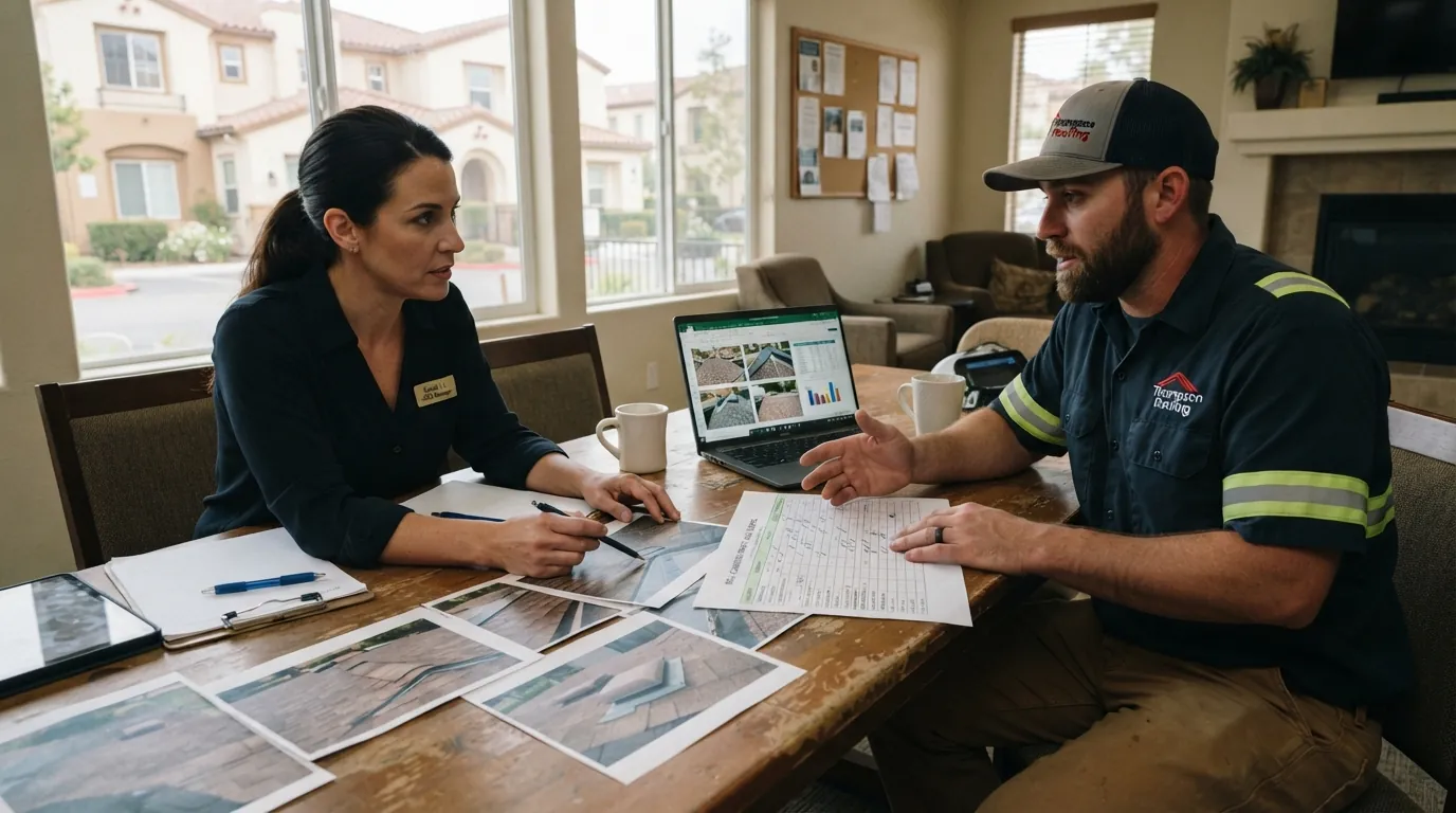 Reviewing roof condition reports with a property manager