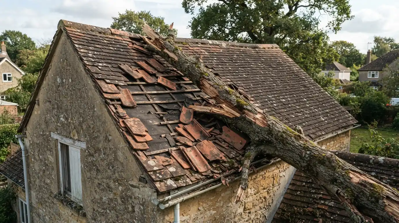 Tree limb damage to a tile roof in San Jose