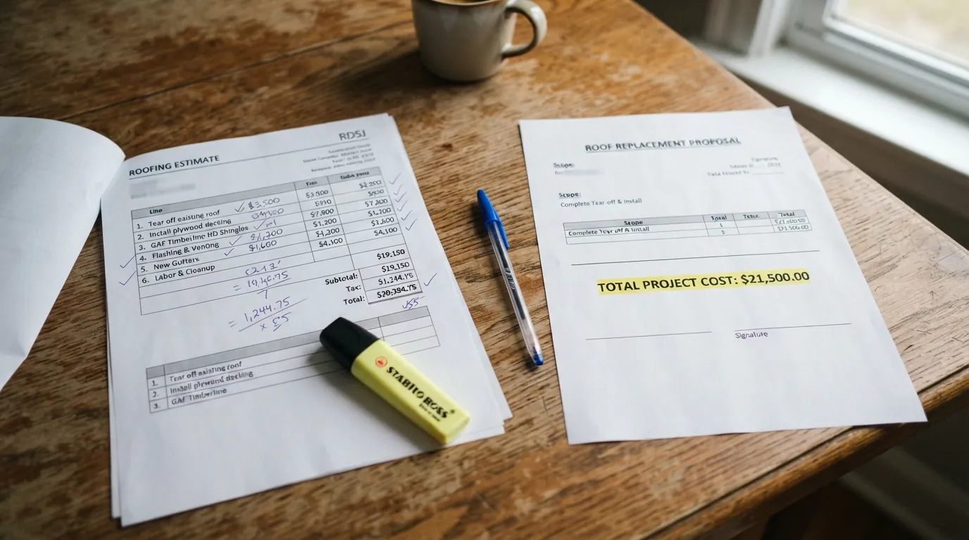 An itemized roofing quote beside a lump-sum quote