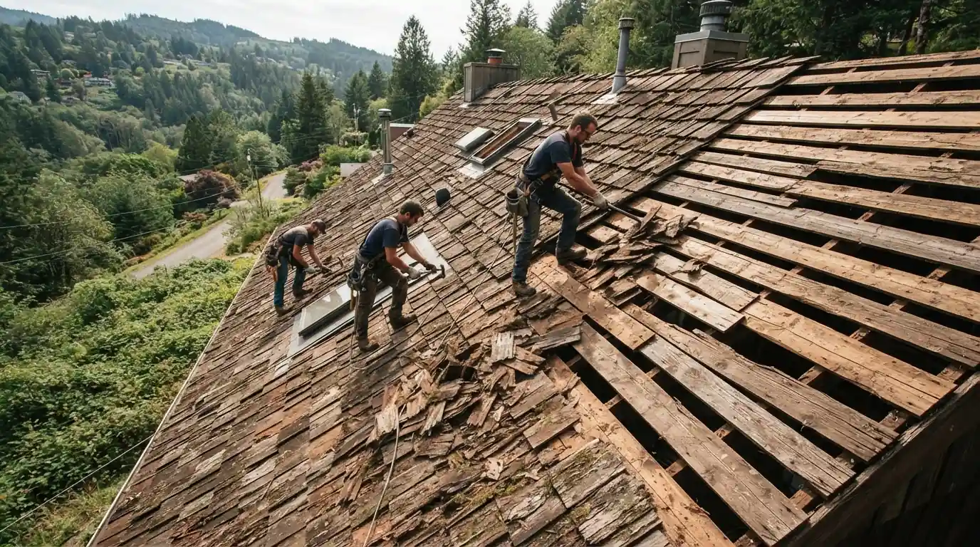 Shake tear-off exposing spaced sheathing